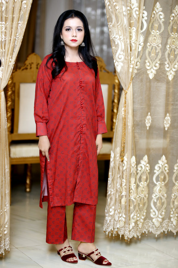 Hayati red printed doriya cut line 2 peace
